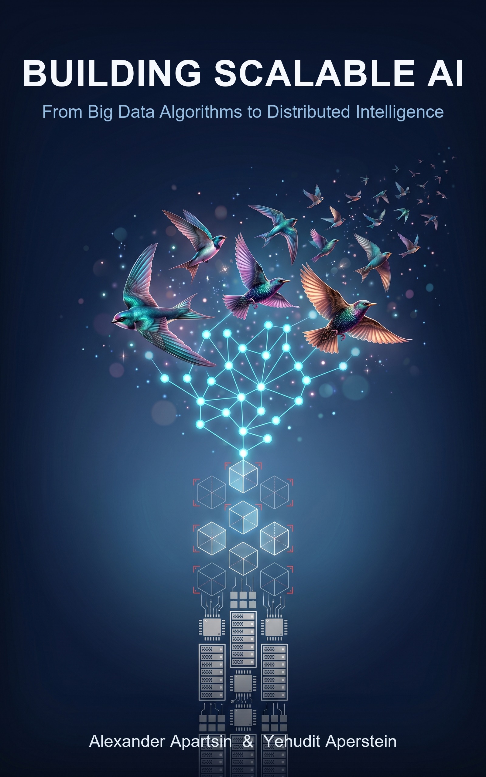 Book cover: a glowing neural core radiating circuits into a constellation of servers, devices, and agents, with the title Building Scalable AI, From Big Data Algorithms to Distributed Intelligence